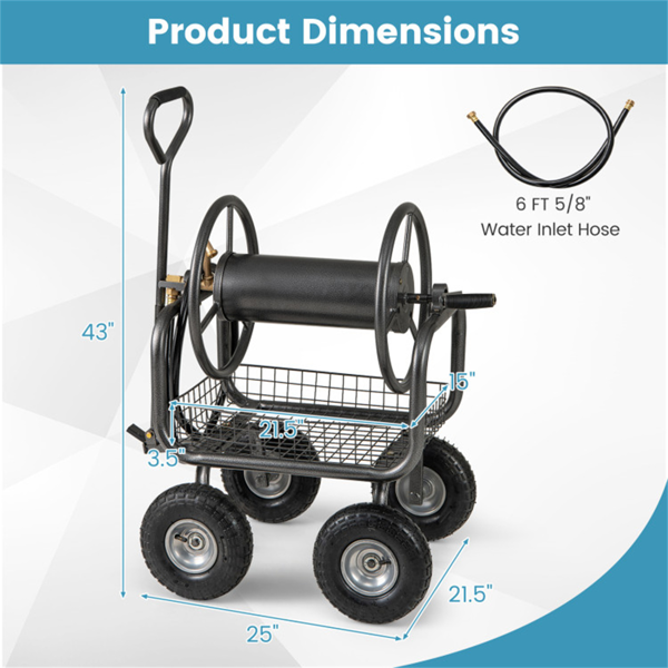 重型花园软管卷盘车，带10英寸气动轮，大容量软管卷取机，带储物篮和黄铜配件 -  灰色-5
