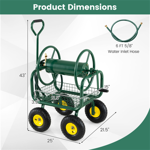 重型花园软管卷盘车，带10英寸气动轮，大容量软管卷取机，带储物篮和黄铜配件 -  绿色-4