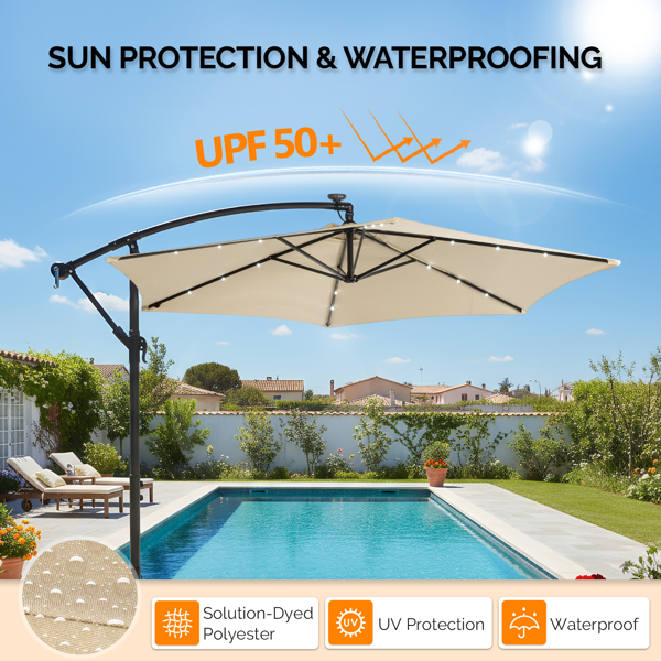 10FT 卡其色 香蕉伞 圆形 太阳伞 涤纶布 6铁伞骨 铁直杆弯杆 带立柱脚筒 十字底座 带18灯珠-23