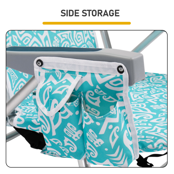 1pcs 座高8.5in 青色部落花纹 铝沙滩椅 带头枕 双肩带 二合一布杯托侧袋 背部冰包 连体牛津布有横杆五档调节可平躺铝沙滩椅8.5"-1 63*109*84cm 120kg-8