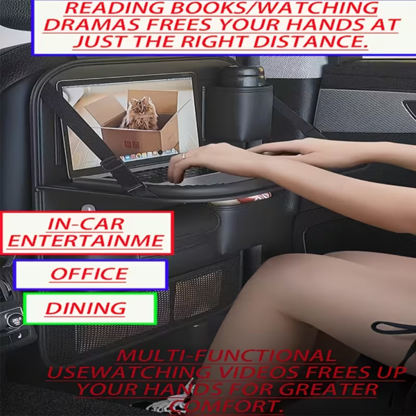 汽车后座收纳袋,带可折叠桌面托盘,带触摸屏手机支架的悬挂储物袋,优质 PU 皮革材料,与大多数车辆兼容,内部汽车配件-9