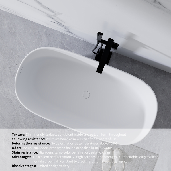51英寸哑光人造石浴缸，独立式人造石树脂浴缸，哑光白色人造石浸泡浴缸，带溢流口和弹出式排水口的独立式浴缸，哑光白-3