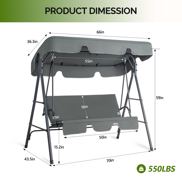 68*43*60inch 深灰色 KD款 带软垫 顶蓬 铁+牛津布 250kg 铁秋千套装-2