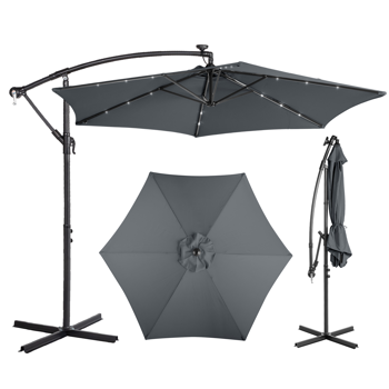 10FT  灰色 香蕉伞 圆形 太阳伞 涤纶布 6铁伞骨 铁直杆弯杆 带立柱脚筒 十字底座 带18灯珠
