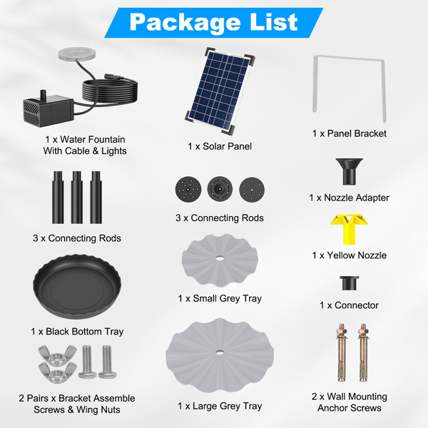 （自提可发加拿大，temu&tk下自提单）带电池备用功能的太阳能喷泉泵，配备6W太阳能电池板，IP68级防水，喷水高度可调，附9.84英尺长电缆，带LED照明的太阳能喷泉，适用于花园、露台和庭院-6