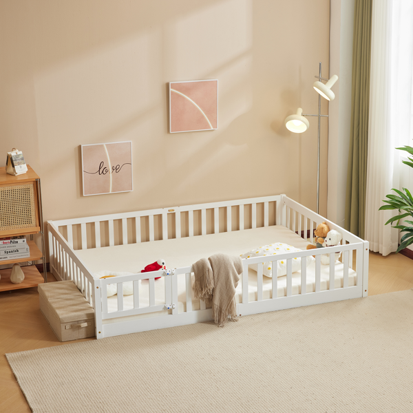 白色 油漆面 松木 围栏床 带门 带铺板 Full 儿童木床-5