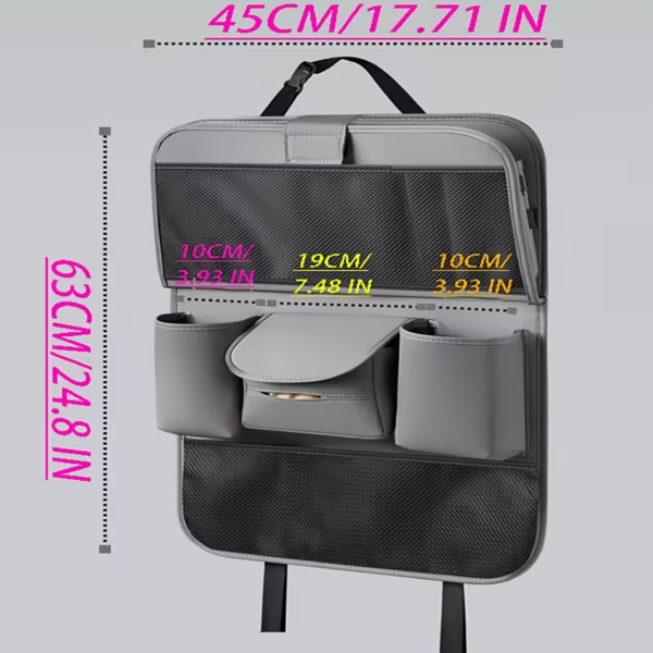 汽车后座收纳袋,带可折叠桌面托盘,带触摸屏手机支架的悬挂储物袋,优质 PU 皮革材料,与大多数车辆兼容,内部汽车配件-2