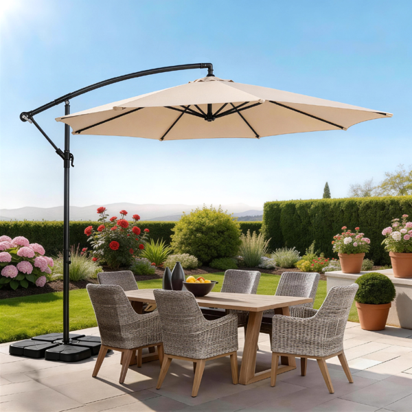 10FT 卡其色 香蕉伞 圆形  太阳伞 涤纶布 6铁伞骨 铁直杆弯杆 带立柱脚筒 十字底座-25