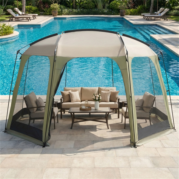 大型6-8人纱屋帐篷，带全网墙，防紫外线室外遮阳棚，带风绳和木桩-8