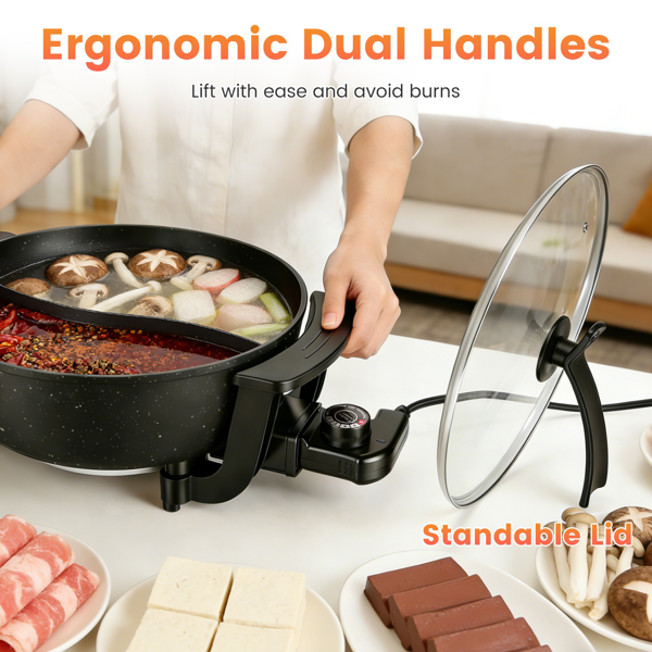 （自提可发加拿大，temu&tk下自提单）6升大容量带隔板的电火锅，5档可调温度不粘电炊具，3-6人用多功能火锅锅配烹饪工具-11