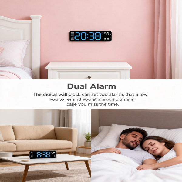 2026新款通用数字挂钟，大显示屏，LED灯，遥控器，倒计时，调光，夏令时，日期，星期，温度-14