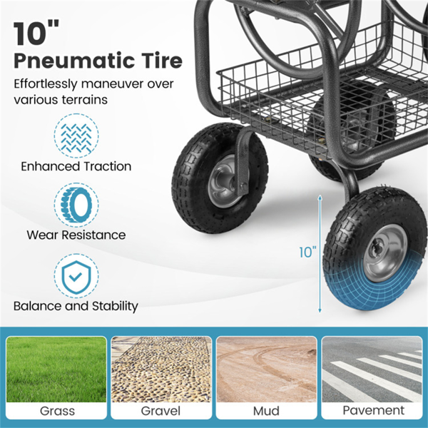 重型花园软管卷盘车，带10英寸气动轮，大容量软管卷取机，带储物篮和黄铜配件 -  灰色-6