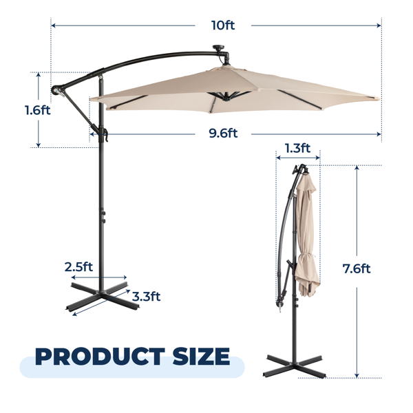 10FT 卡其色 香蕉伞 圆形 太阳伞 涤纶布 6铁伞骨 铁直杆弯杆 带立柱脚筒 十字底座 带18灯珠-15