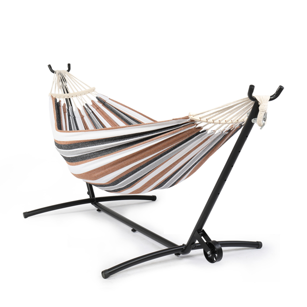 268*107*102CM 带轮羊角架 黑底+咖啡条床面 吊床套装 440lb 配2个木头梳子&600D牛津布收纳袋-1