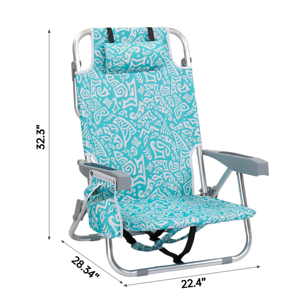 1pcs 座高8.5in 青色部落花纹 铝沙滩椅 带头枕 双肩带 二合一布杯托侧袋 背部冰包 连体牛津布有横杆五档调节可平躺铝沙滩椅8.5"-1 63*109*84cm 120kg-9