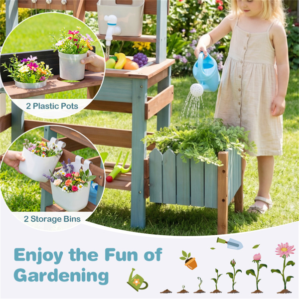 儿童木制泥厨房户外游戏套装，带自来水龙头，15件配件冷杉木假装烹饪和园艺感官玩具 - 蓝色-9