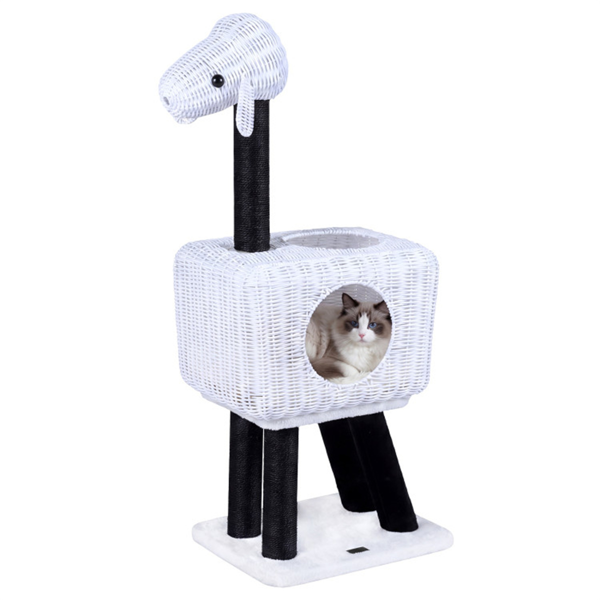 14×18.5×43" Lamb-Shaped Cat Tree with Rattan Condo & Sisal Scratching Posts Indoor Cat Tower-2