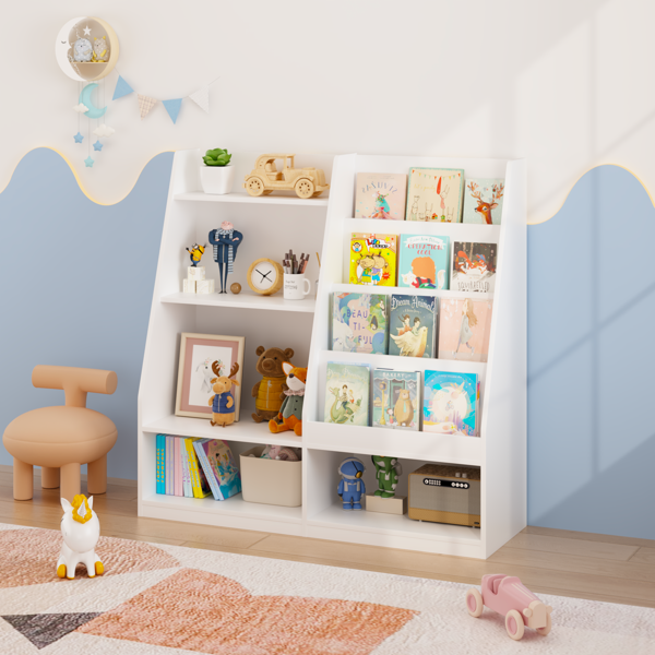儿童书架和玩具收纳整理架，多功能四层木制儿童书架，附书籍展示架，适用于儿童房、游戏室、托儿所，用于儿童、幼儿（白色）--不支持self-pick up且不支持指定仓库发货-5