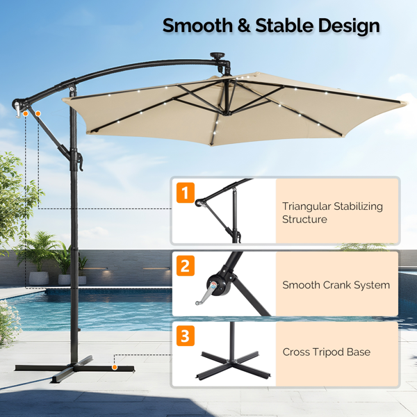 10FT 卡其色 香蕉伞 圆形 太阳伞 涤纶布 6铁伞骨 铁直杆弯杆 带立柱脚筒 十字底座 带18灯珠-16
