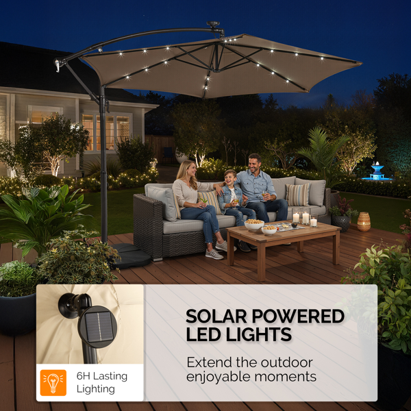 10FT 卡其色 香蕉伞 圆形 太阳伞 涤纶布 6铁伞骨 铁直杆弯杆 带立柱脚筒 十字底座 带18灯珠-24