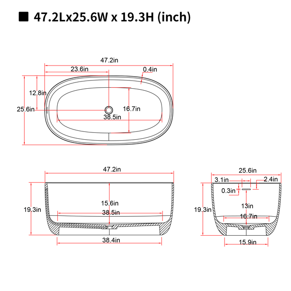 47英寸哑光人造石浴缸，独立式人造石树脂浴缸，哑光白色人造石浸泡浴缸，带溢流口和弹出式排水口的独立式浴缸-8