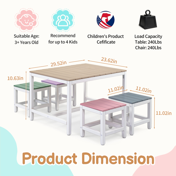 5pcs 1pc桌子+4pcs凳子 29.5in 卡其粉紫蓝绿拼色 儿童庭院桌椅套装 杨木-3