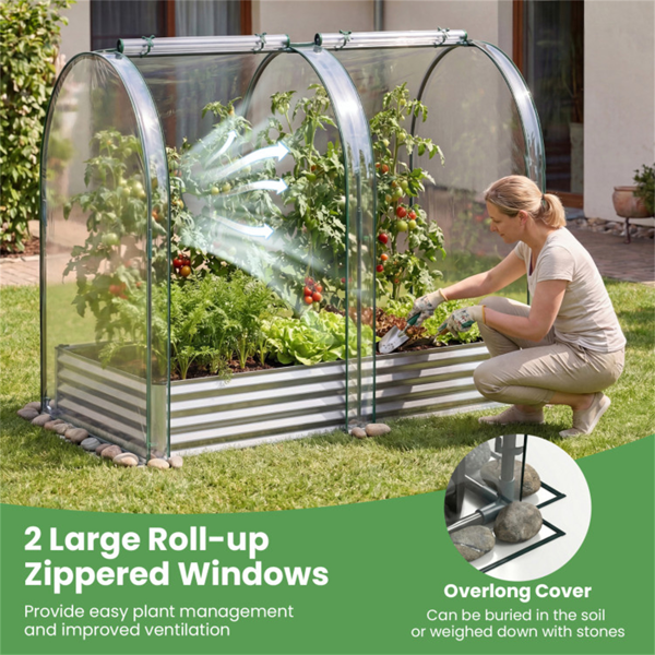 三合一高架花园床，带温室盖130加仑镀锌金属花盆箱 - 银色-11