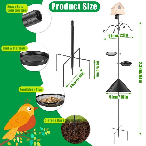 （自提可发加拿大，temu&tk下自提单）带松鼠防护装置的喂鸟架，五爪底座重型喂鸟架，32“-94” 可调节高度喂鸟站，配有4个牧羊钩，适用于户外花园庭院-9