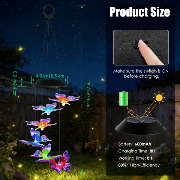 （自提可发加拿大，temu&tk下自提单）2件装户外太阳能风铃，太阳能蝴蝶风铃，变色LED风铃灯，IPX4级防水，适用于花园、露台和阳台的户外悬挂装饰-9