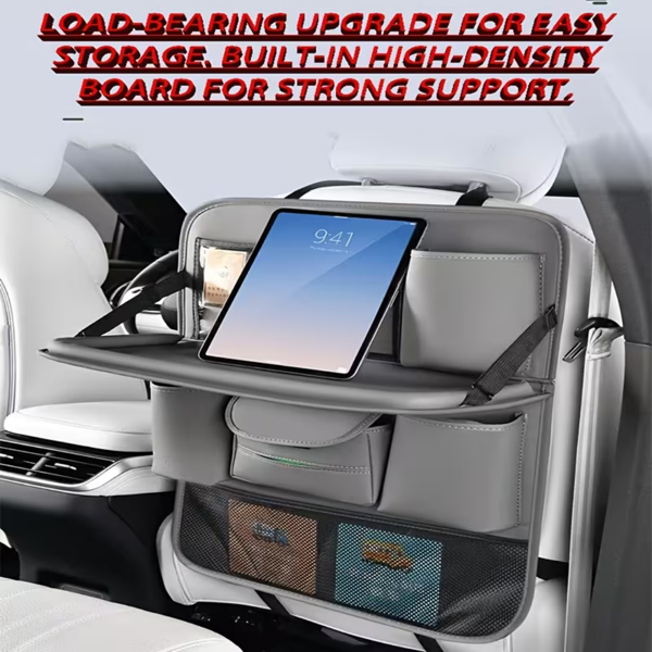 汽车后座收纳袋,带可折叠桌面托盘,带触摸屏手机支架的悬挂储物袋,优质 PU 皮革材料,与大多数车辆兼容,内部汽车配件-7