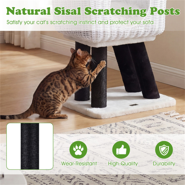 14×18.5×43" Lamb-Shaped Cat Tree with Rattan Condo & Sisal Scratching Posts Indoor Cat Tower-10