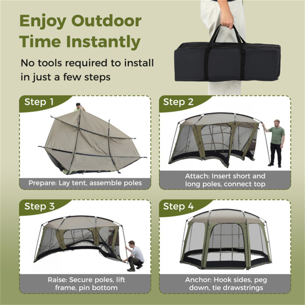 大型6-8人纱屋帐篷，带全网墙，防紫外线室外遮阳棚，带风绳和木桩-6