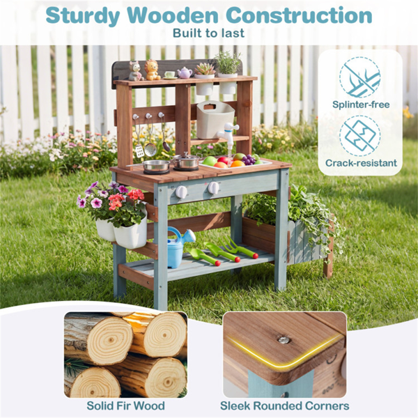 儿童木制泥厨房户外游戏套装，带自来水龙头，15件配件冷杉木假装烹饪和园艺感官玩具 - 蓝色-5