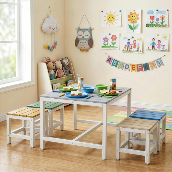 5pcs 1pc桌子+4pcs凳子 29.5in 蓝卡其浅橙蓝绿拼色 儿童庭院桌椅套装 杨木-7