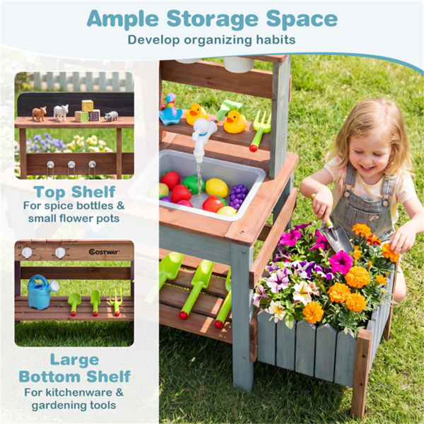 儿童木制泥厨房户外游戏套装，带自来水龙头，15件配件冷杉木假装烹饪和园艺感官玩具 - 蓝色-6