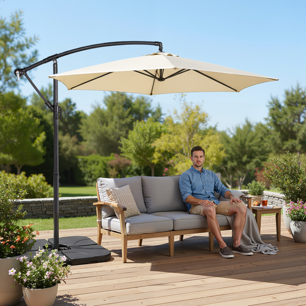 10FT 卡其色 香蕉伞 圆形  太阳伞 涤纶布 6铁伞骨 铁直杆弯杆 带立柱脚筒 十字底座-24