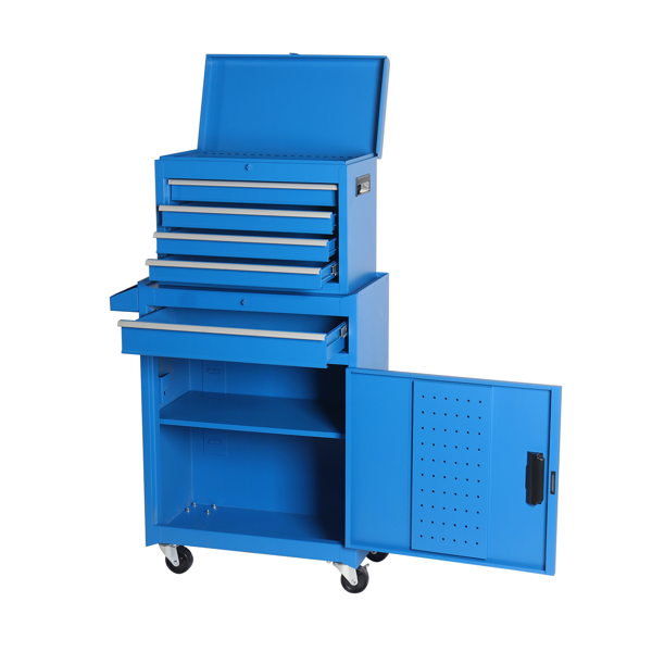 工具箱，5 抽屉滚动工具储物柜，带可拆卸顶部工具箱、内衬、通用可锁轮、可调节搁板、锁定装置、金属工具车，适用于车库车间-1