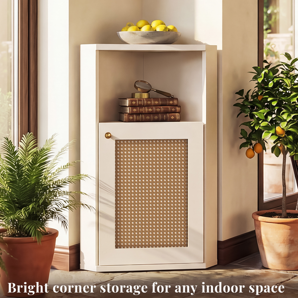 OMCMUU Rattan Corner Cabinet with Adjustable Shelf, Modern Small Bathroom Storage, Narrow Freestanding Storage for Living Room, Kitchen, Bathroom, White-8