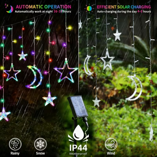 多色的月亮星星窗帘灯 148 个 LED 太阳能窗帘灯（ USB 充电型） 包含8 种照明模式 定时器 适用于花园、露台、凉棚、门廊、窗户、后院帐篷，IP44 防水等级-6