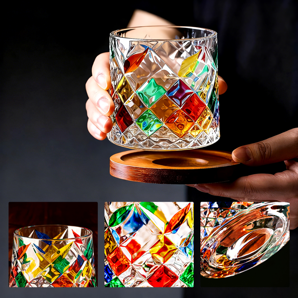 彩色菱形花纹威士忌玻璃杯，容量 275 毫升 四只装，多彩雕花设计视觉质感出众-4