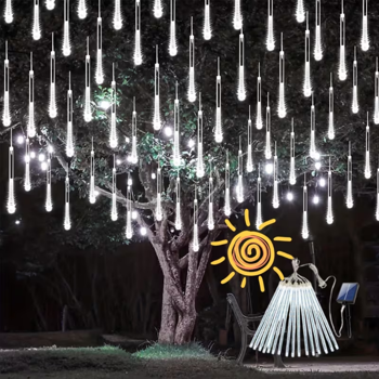 白色流星雨灯户外太阳能冰柱灯雪花飘落雨串灯圣诞树灯10管11.8英寸300 LED适用于万圣节圣诞节假日派对家庭庭院商场装饰IP44
