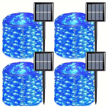 4个蓝色太阳能仙女灯，每包110颗LED太阳能串灯，IP65防水铜线，8种模式太阳能仙女灯，适用于花园庭院树木婚礼圣诞节装饰