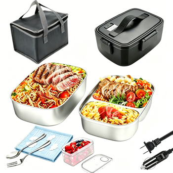 90W 车载电动加热饭盒 12V24V110V 便携式食物加热器 304 不锈钢内胆黑色款 货车办公家用司机上班族热饭便当盒送礼佳品