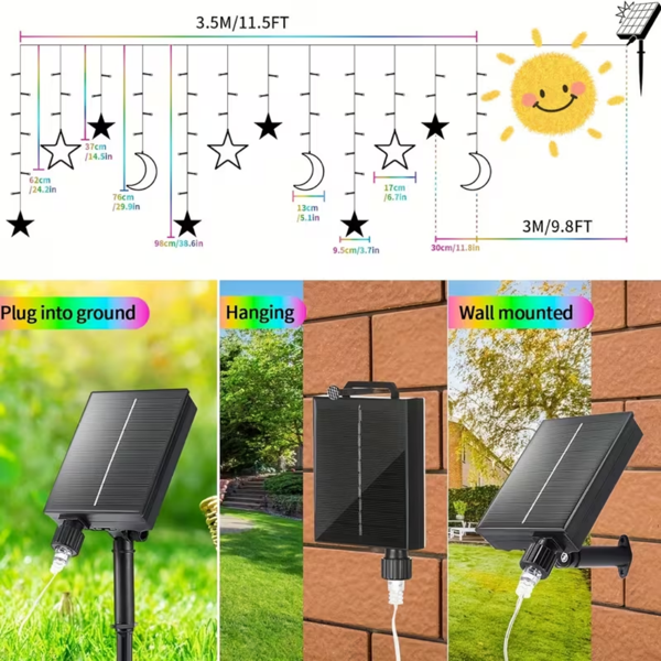 暖黄色的月亮星星窗帘灯 148 个 LED 太阳能窗帘灯（ USB 充电型） 包含8 种照明模式 定时器 适用于花园、露台、凉棚、门廊、窗户、后院帐篷，IP44 防水等级-2