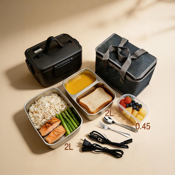 90W 车载电动加热饭盒 12V24V110V 便携式食物加热器 304 不锈钢内胆黑色款 货车办公家用司机上班族热饭便当盒送礼佳品-2