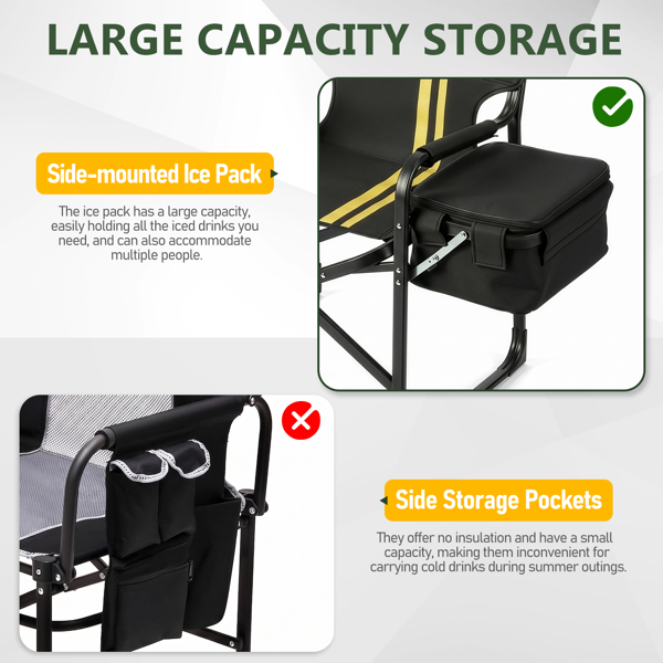 118*53*85cm 黑色带双黄竖条纹 野营椅 铝管喷涂 120kg 可折叠 带侧桌板侧冰包铝野营椅18"-1-8
