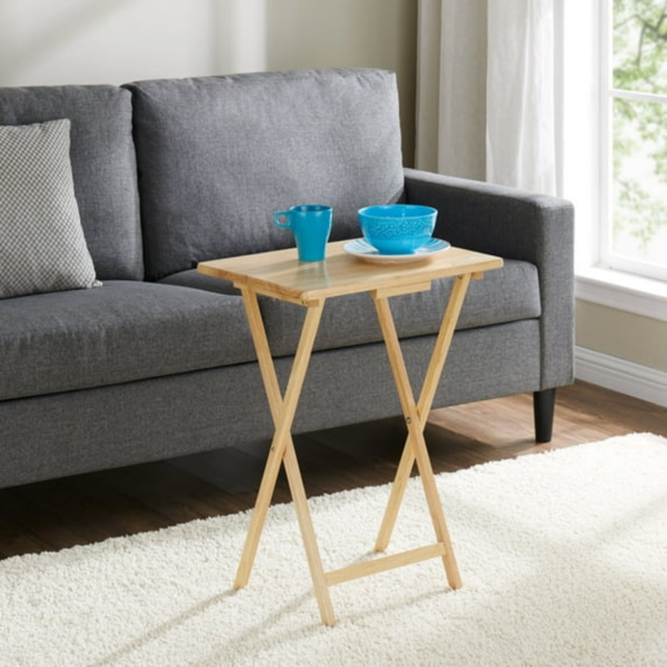 现代室内折叠托盘桌2套，天然饰面，实心橡胶木，19 x 14.5 x 26英寸（Walmart仓库发货）-5