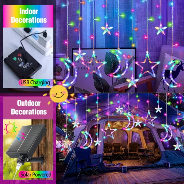 暖黄色的月亮星星窗帘灯 148 个 LED 太阳能窗帘灯（ USB 充电型） 包含8 种照明模式 定时器 适用于花园、露台、凉棚、门廊、窗户、后院帐篷，IP44 防水等级-8
