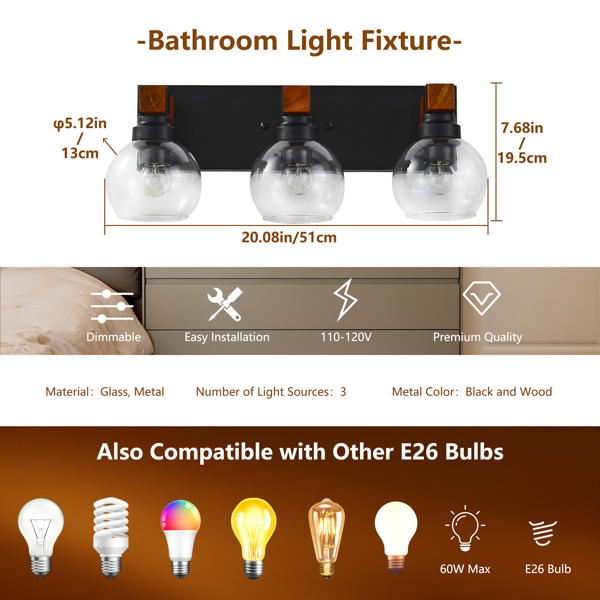 Black Bathroom Light Fixture, Vanity Lighting Fixtures Over Mirror, Wall Sconces for Living Room Bedroom Hallway-8