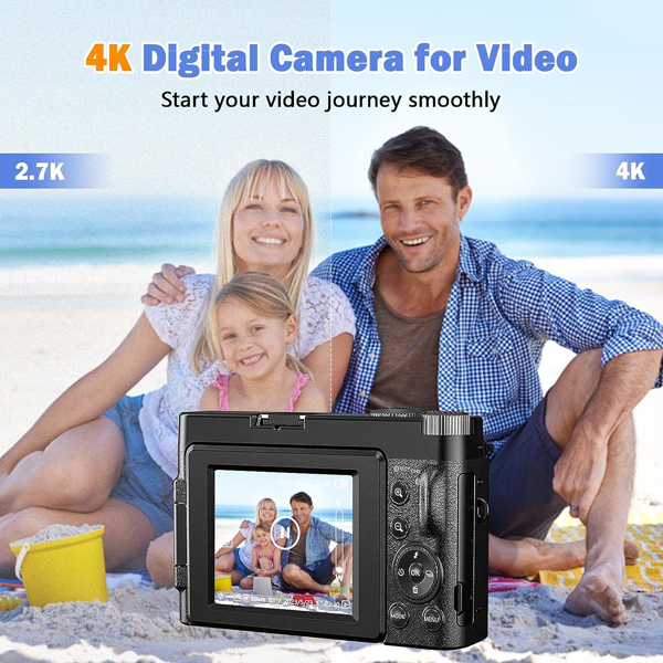 4K 数码相机，4800 万像素相机，带 180 度翻转 3.0 英寸显示屏，便携卡片相机 配 64GB TF 内存卡，支持 WiFi 功能，黑色款-6